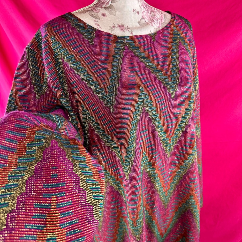 Metallic Vintage 80s 90s Chevron Knit Tunic Top Pink Sparkle 3X Holiday Glam - Picture 10 of 17